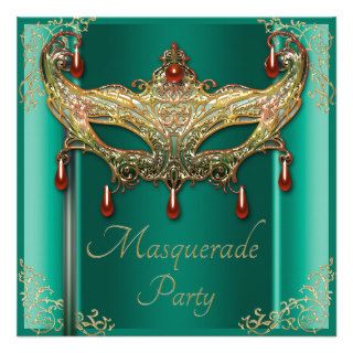 Gold Flourishes Ruby Mask Green Masquerade Party Announcements