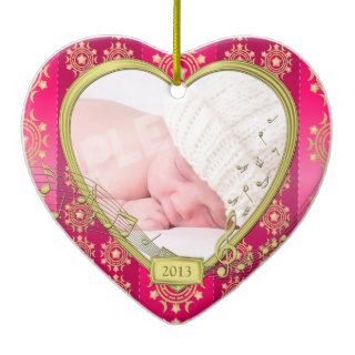 Baby's First Christmas Pink Gold Photo Heart Xmas Ornaments