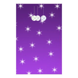3 White Christmas Baubles on Purple Background. Personalized Stationery