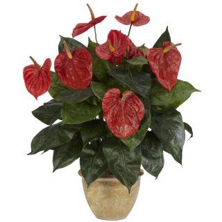 Nearly Natural 6665 Anthurium with Ceramic Vase Decorative Silk Plant, Red   Artificial Plants