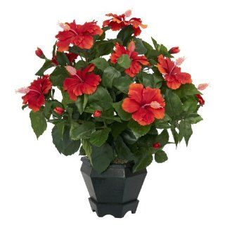 Nearly Natural 6691 Hibiscus with Black Hexagon Vase Decorative Silk Plant, Orange   Artificial Mixed Flower Arrangements