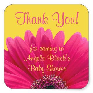 Pink Gerbera Daisy Yellow Baby Shower Thank You Square Sticker