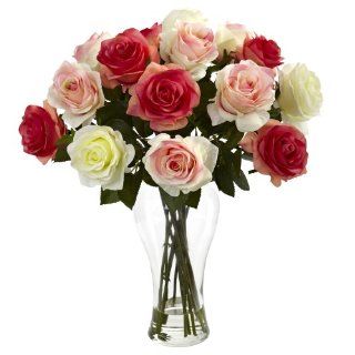 Nearly Natural 1348 AP Assorted Blooming Roses with Vase, Red/Pink   Artificial Floral Arrangements