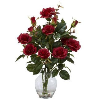 Nearly Natural 1281 RD Rose Bush with Vase Silk Flower Arrangement, Red   Artificial Mixed Flower Arrangements