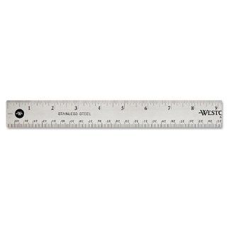 Westcott Products   Westcott   Stainless Steel Ruler w/Cork Back and Hang Hole, 18", Silver   Sold As 1 Each   Nearly indestructible stainless steel.   Attractive finish.   Etched standard and metric measurement markings.   First and last inches have 