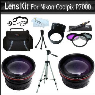 58mm Lens Bundle Kit For Nikon Coolpix P7000 P7100 Digital Camera Includes Necessary Adapter Tube + 2X Telephoto HD Lens + .45x HD Wide angle Lens With Macro + Multi Coated 3 PC Filter Kit (UV CPL FLD) + Deluxe Carrying Case + 52 Tripod + Lens Pen + More 