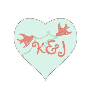 Coral and Mint Chapel Wedding Monogram Heart Sticker