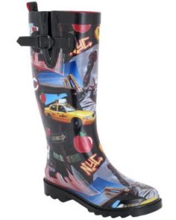 Capelli New York Shiny New York Minute Printed With Buckle Ladies Rain Boot Black Combo 8 Shoes
