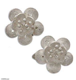 Sterling silver clip on flower earrings, 'Wild Rose' Jewelry