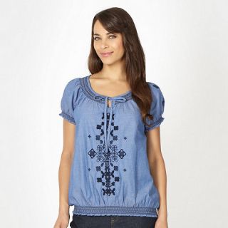 The Collection Blue cross stitched chambray gypsy top