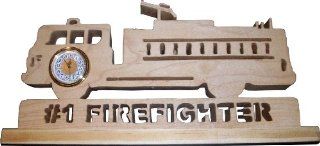 Handmade Fire Truck Wooden Desk Clock Statue   #1 Firefighter   Dad Gifts For Firefighters