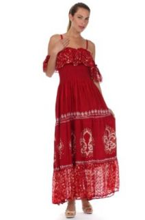 Sakkas 37A Fleur De Lis Batik Jacquard Off Shoulder Crepe Hem Dress   Red / Cream   One Size