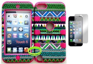 Apple Ipod Touch 5 5th Generation Hybrid Case Cover Green Tribal Aztec Over Pink Silicone with Screen Protector and Wristband By Wirelessfones Cell Phones & Accessories