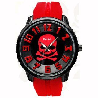midoriya222 watch analog Skull 3D Big Face & Rubber Belt Red unisex Watches