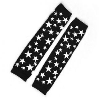 Lady White Star Pattern Acrylic Fingerless Arm Warmers Long Gloves Black Pair