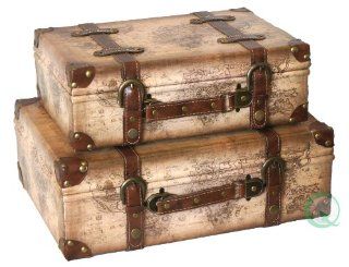 Quickway Imports Old World Map Leather Vintage Style Suitcase with Straps, Set of 2   Trunks