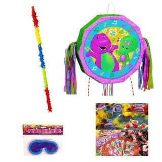 Barney Drum Popout Pinata Party Pack / Kits Including Pinata, Bit of Everyones Favorites Candy Filler Mix 2lb, Buster Stick and Blindfold Toys & Games