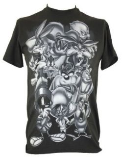 Looney Tunes Mens T Shirt   Grayscale Bugs Bunny, Daffy Duck, Taz, and Others on Black (X Small) Clothing