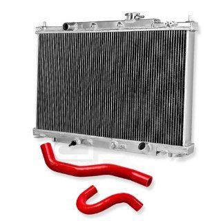 DPT, RA HE 2+RH HE RD, Full Aluminum Performance Two Dual Row Core Chrome Radiator with Bolt On 3 Ply 4mm Red Silicone Radiator Hoses Overall Size 29.75"x20.25"x3.5" for Manual Transmission Only Automotive