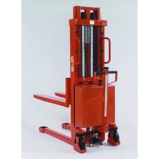 Beacon Trans Stacker Fork Over Design   Manual Drive / Electric Lift; Capacity 2, 200 lbs.; Raised Fork Height 63"; Lowered Fork Height 3 1/4"; Fork Width 6 1/2"; Raised Mast Height 77"; Lowered Mast Height 76"; Overall Width