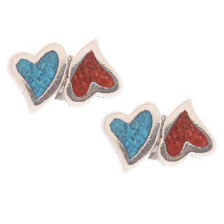 Southwest Moon Double Hearts Turquoise and Coral Inlay Post Earrings Southwest Moon Gemstone Earrings