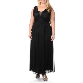 Betsy & Adam Women's Plus Size Black Sheer Halter Overlay Gown Betsy & Adam Dresses