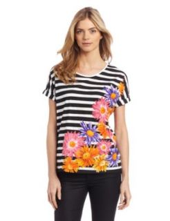 Chaus Women's Scoop Neck Placed Large Daisies On Stripes Tee, Ultra White, Large