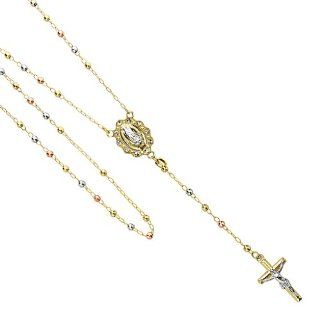 14K Tri color Gold 2.5mm Beads Our Lady Guadalupe Crucifix Rosary Necklace   24" Inches The World Jewelry Center Jewelry