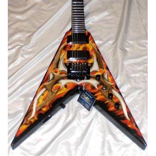 B.C. Rich Kerry King V Generation 2 Guitar, Two Toned Tribal Design over Fire Musical Instruments