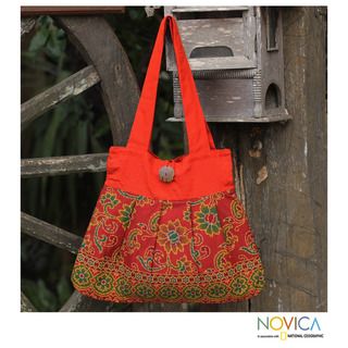 Handcrafted Cotton 'Apricot Afternoon' Large Shoulder Bag (Thailand) Novica Fabric Bags