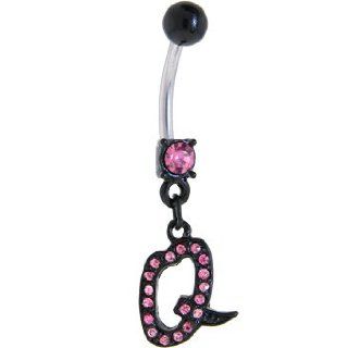 Black Anodized Pink Jeweled Initial Belly Ring Letter Q Body Piercing Barbells Jewelry