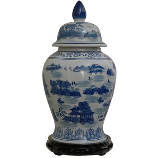 Porcelain 18 inch Blue and White Landscape Temple Jar (China) Accent Pieces