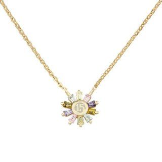14K Yellow Gold High Polish Multi Color Cubic Zirconia 15 Anos Flower Charm Neclace with Spring ring Clasp   17"+1" Inches Extension Pendants Jewelry