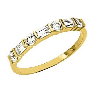 14K Yellow Gold Round & Baguette CZ Cubic Zirconia High Polish Finish Ladies Wedding Band Ring Goldenmine Jewelry