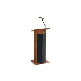 Oklahoma Sound Corporation Products   Presentation Lectern, 22"x17"x45", Mahogany   Sold as 1 EA   Wireless lectern offers clean functional styling, great sound, and fully integrated 30 watt multimedia sound system with four 8" high eff