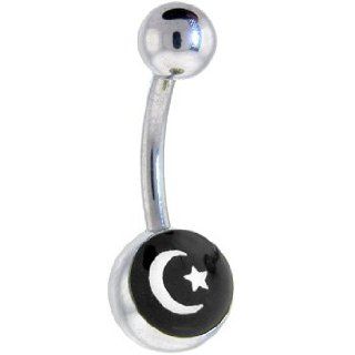 Black and White Moon and Star Logo Belly Button Ring Jewelry