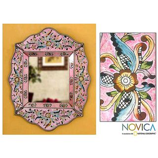 Handcrafted Reverse Painted Glass 'Pink Floral' Wall Mirror (Peru) Novica Mirrors