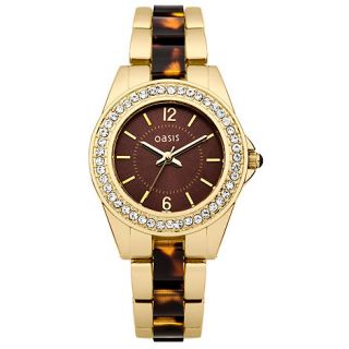 Oasis Ladies gold coloured/tortoise shell bracelet watch with brown stone set dial