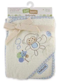Just Born Naturals Hooded Towel & Washcloth Set, Blue Monkey  Hooded Baby Bath Towels  Baby