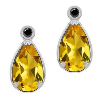 1.31 Ct Pear Shape Yellow Citrine Black Diamond 18K White Gold Earrings Jewelry
