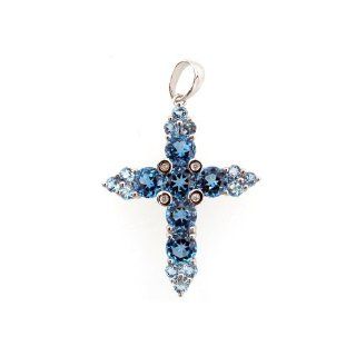 14K White Gold Blue Topaz and Diamond Cross Pendant Jewelry