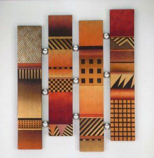Abstract Rectangular Wooden Wall Decor, RED, YELLOW and ORANGE antiqued with black, Silver Balls   Wall Sculptures