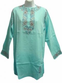 Womens Teal Hand Embroidered Gauze Cotton Ombre Long Tunic