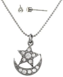8 Pieces of Ladies Gun Metal with Clear Iced Out Star & Crecent Moon Pendant with a 16 Inch Ball Chain Necklace & Matching Stud Earrings Jewelry Set Jewelry