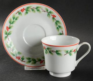 Lillian Vernon Holiday Garland Footed Cup & Saucer Set, Fine China Dinnerware  