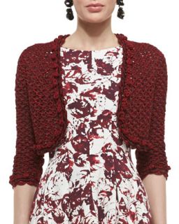 Womens Embroidered Knit Bolero Jacket   Oscar de la Renta   Crimson (X SMALL)
