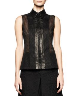 Womens Sleeveless Embroidered Mesh Top with Leather Trim   Reed Krakoff  