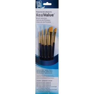 Real Value Brush Set Synthetic Gold Taklong rnd 2,4,liner 2/0,shader 2,6,ang 1/4,3/4