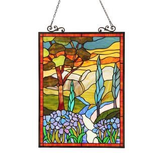 Tiffany Style Country Scene Design Rectangular Stained Glass Window Panel