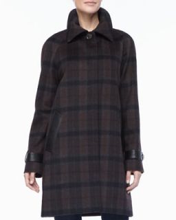 Womens Plaid Balmacaan Leather Trim Coat   Sofia Cashmere   Black/Brown/Gray
